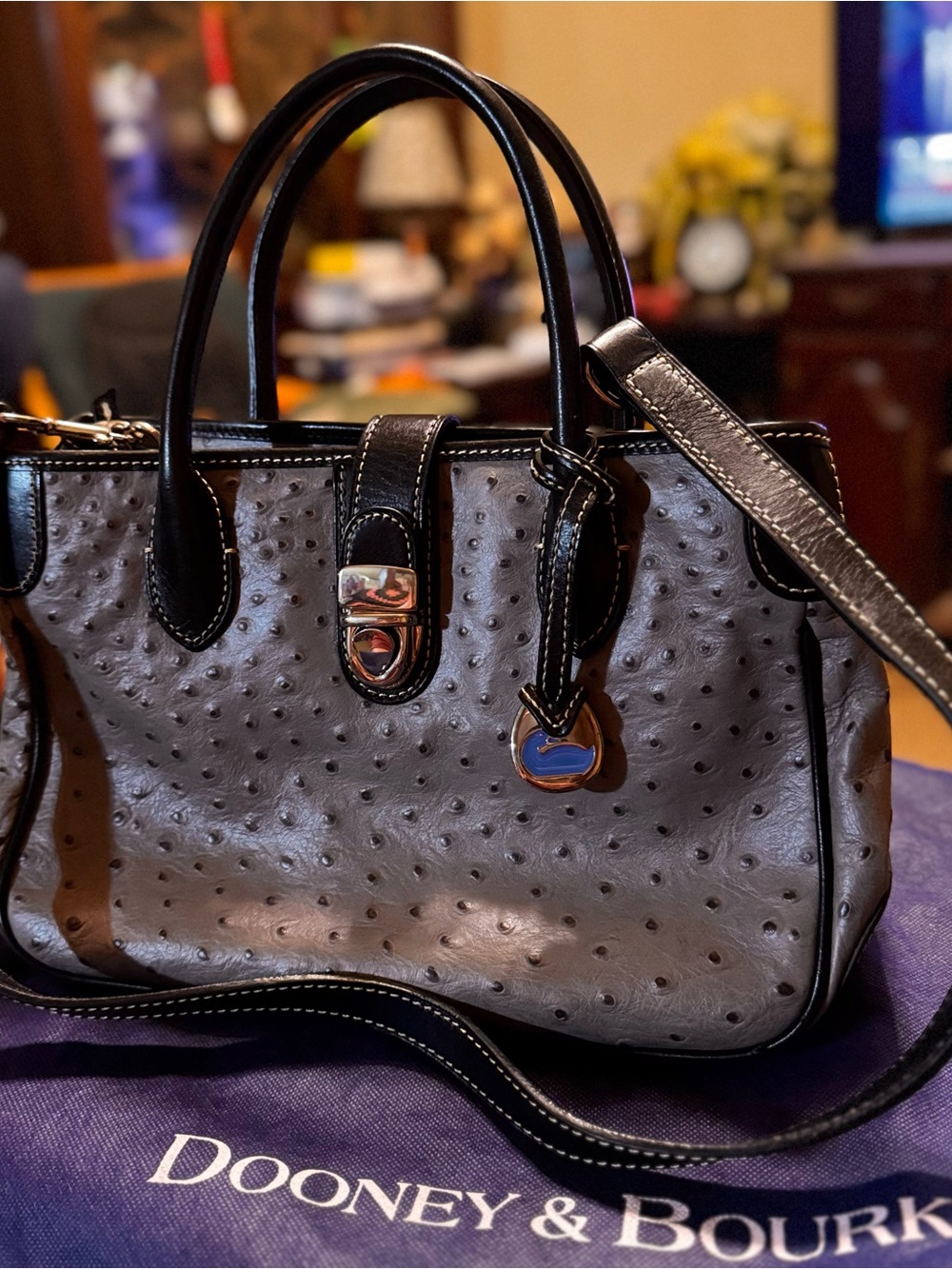 Dooney & Bourke Gray Ostrich Embossed Leather Satchel Black Trim Crossbody